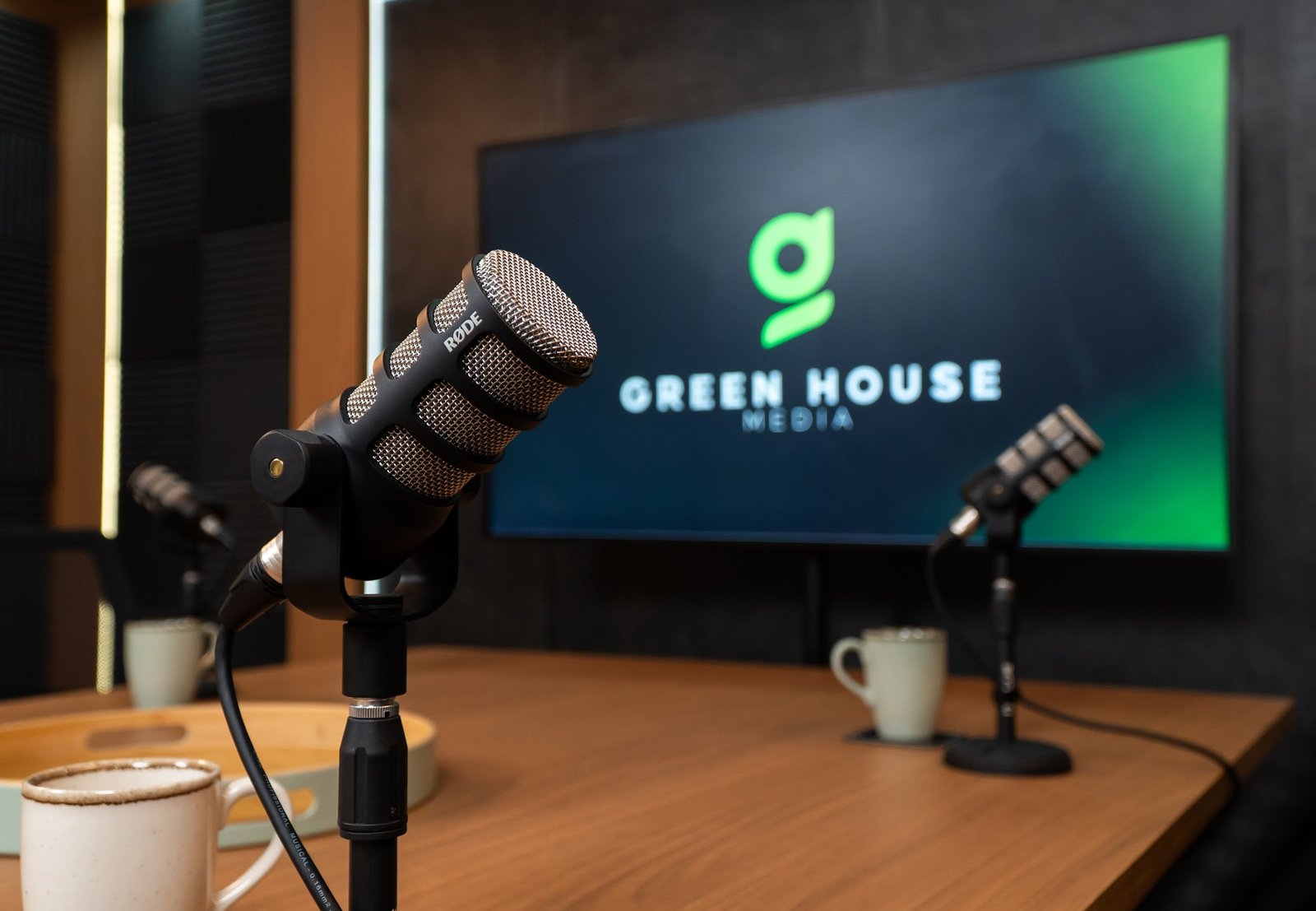 Microfone em close com o logo Green House ao fundo